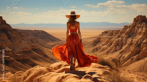 A lone woman, adorned in a fiery red dress and sun hat, gazes out at the vast expanse of badlands and mountains, her presence a striking contrast against the desert landscape photo