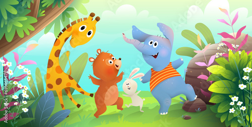 Funny animals dancing jumping playing in forest. Jungle cartoon for kids events and children party. Cute hand drawn zoo characters cartoon. Vector illustration in watercolor style for kids.