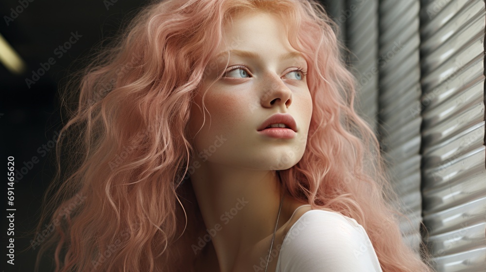 Fototapeta premium A stylish woman with pink hair gazes out the window, her long brown hair framing her delicate face and accentuating her bright red ringlets, while her bold lip color and fluttering eyelashes