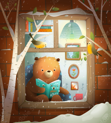 Cute Teddy Bear Reading Book Home at Winter Window. Animal cartoon for kids, reading a fairytale or studying in winter night. Watercolor style vector illustration for children school education.