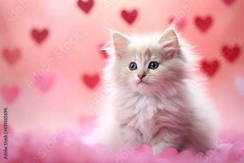 Cute fluffy white creamy kitten sitting in blanket over pink heart shape background. Cat looking to the left. Copy space. Concept of love, valentine, tender, intimacy.