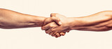 Partners who shake their hands. Friendly handshake, friends greeting, teamwork, friendship. Rescue, helping gesture or hands. Two hands, helping hand of a friend. Handshake, arms friendship