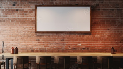 Cinematic photo of the brick wall of a restaurant with a frame with a blank paper inside hanging on the wall photo