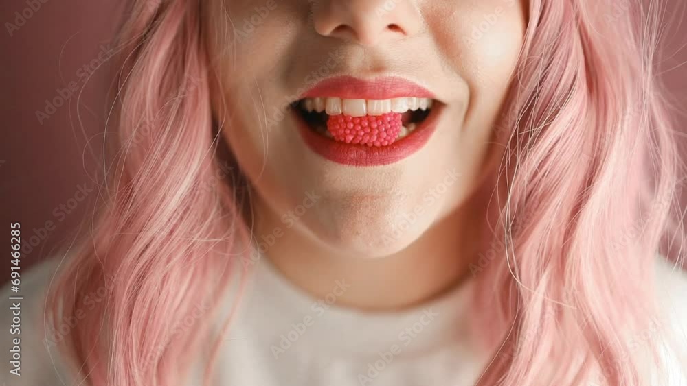 Close up view of beautiful red lips with a piece of sweet berry jelly candy. Close up of young woman with candy in mouth. High quality FullHD footage Close up view of beautiful red lips with a piece of sweet berry jelly candy. Close up of young woman with candy in mouth. High quality FullHD footage