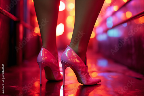 Sensual female legs in sexy high heels in a provocative red light district nightclub. photo