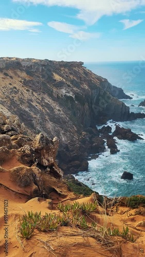 Rocky Algarvian coast in the southwestern part of Portugal. Portugal Hiking Rota Vicentina the Fisherman's Trail, Coastline to Wild and Rugged Beaches Cliff Side Paths Atlantic Ocean 