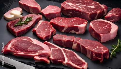 Variety of Raw Black Angus Prime meat steaks Machete, Blade on bone, Striploin, Rib eye, Tenderloin fillet mignon on black marble