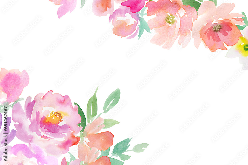 水彩で描いたピンクと紫の花の背景用イラスト

