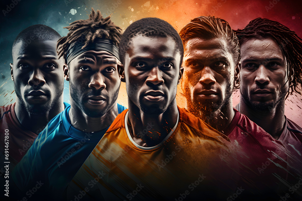 Collage of africans sports man with sport t-shirt ai generated art.  - obrazy, fototapety, plakaty 