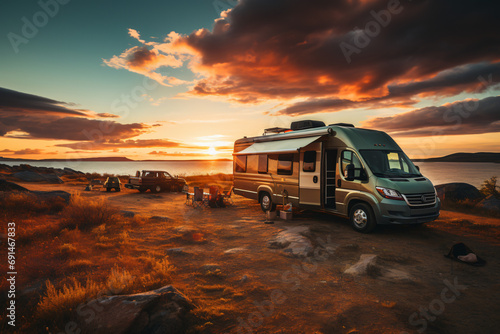 Family vacation travel RV, holiday trip in motorhome. Motorhome RV parked on the side of the road at sunset. Travelers with camper van are resting on an active family vacation 