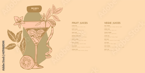 Drinks menu. Hand drawn cocktail with ice. Blue Lagoon, Cosmopolitan, Margarita. Sand, beige, olive, dusty green, bronze colors. Layout for outdoor restaurant, pool bar, cafe on the beach. Banner