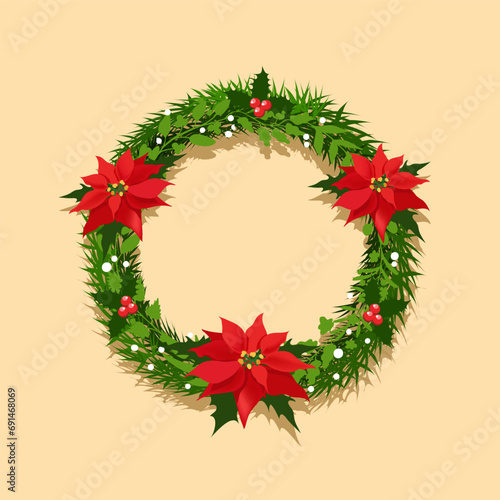 Christmas wreath of poinsettia, holly and pine