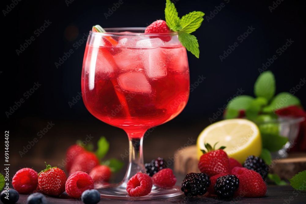Summer berry rose sangria cocktail with ice and mint on the table close up Summer berry rose sangria cocktail with ice and mint on the table close up