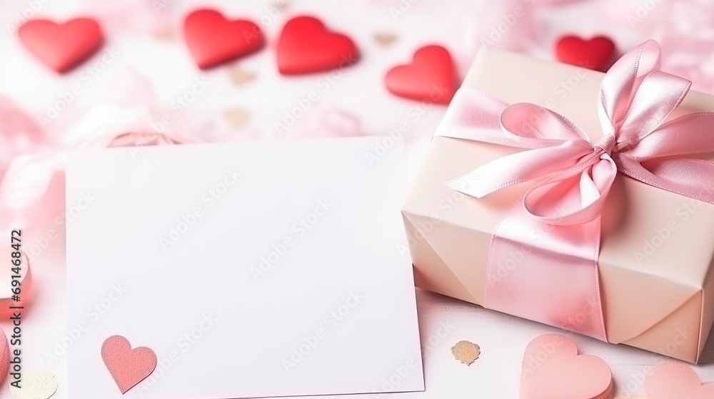 Mockup of a blank postcard in front of valentine presents
