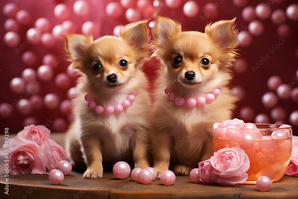 Cute Chihuahua Puppies Adorned with Pink Beads, Perfect for Valentines Day Card and Greetings