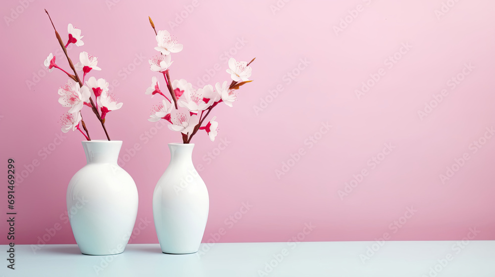 Cherry Blossom Flowers in White Vase on Light Pink Background. Ideal for Valentine's Day, Mother's Day, and Women's Day Celebration Concept