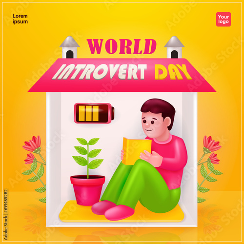 Introvert Day. A man reads an isolated book at home to recharge, 3d vector cartoon