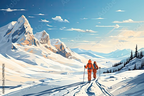 cross country skiers with backpacks walking and exercise in the winter forest. copy space, simple colors, 2 persons cross-country skiing. Illustration for publicity on ski resort. Winter sports theme