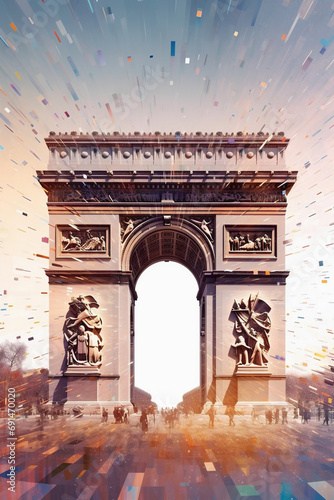 Abstract Illustration of Paris, Eifeltower, Arc de Triomphe, Louvre, Saine