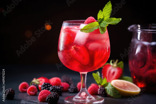 Summer berry rose sangria cocktail with ice and mint on the table close up