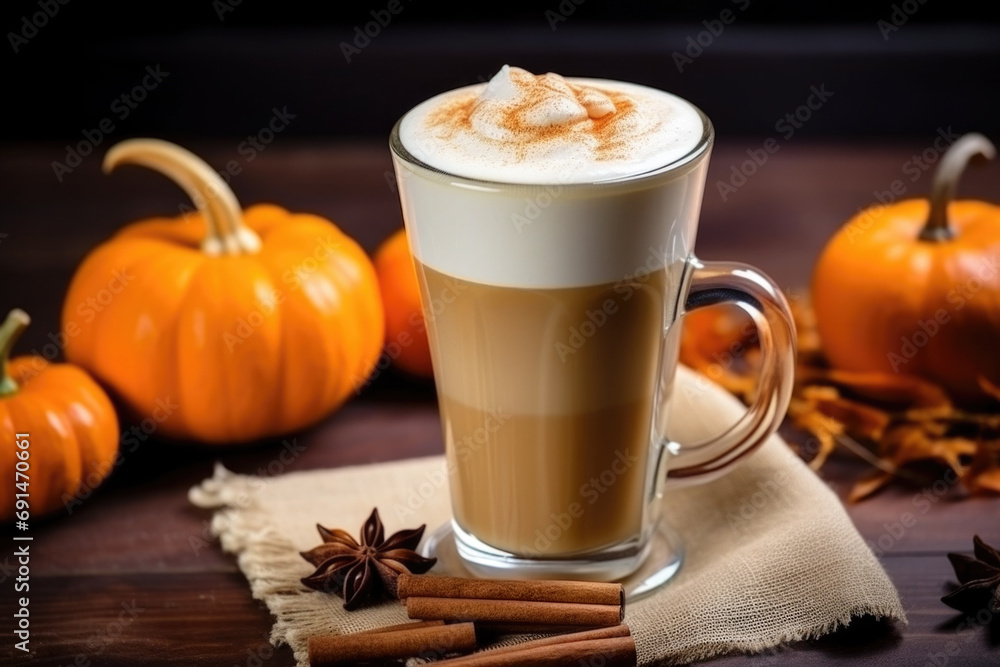 Pumpkin spice latte in the glass mug on the wooden table close up Pumpkin spice latte in the glass mug on the wooden table close up