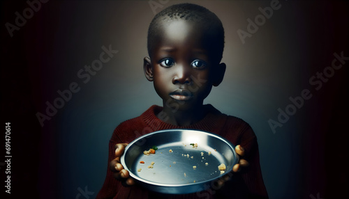 Malnourished Child Holding Empty Plate in Developing Country photo
