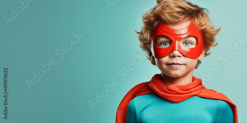 Portrait of a confident young boy dressed as a superhero with a red mask and cape, gazing upwards on a teal background.