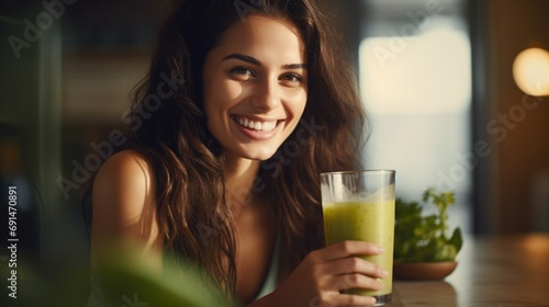 Young woman in a kitchen with a green smoothie detox diet drink