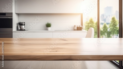 Wooden counter table top with blur kitchen room background