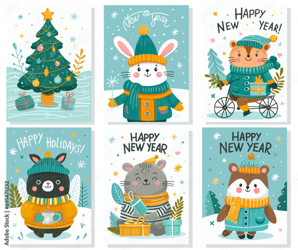 Merry Christmas and Happy New Year 2024 Vector trendy illustrations of holiday cards collection with forest, fox, deer, lettering, Christmas tree and pine. Drawing for poster Merry Christmas and Happy New Year 2024 Vector trendy illustrations of holiday cards collection with forest, fox, deer, lettering, Christmas tree and pine. Drawing for poster