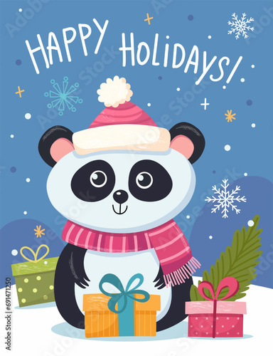 Merry Christmas and Happy New Year 2024 Vector trendy illustrations of holiday cards with forest, panda, deer, lettering, Christmas tree and pine. Drawing for poster