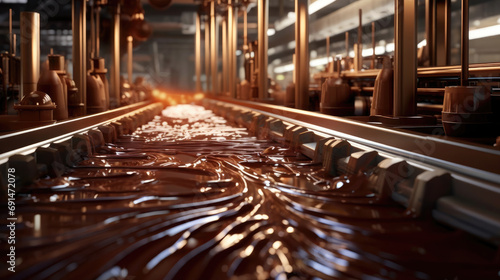 A chocolate factory, complete with conveyor belts laden with tempting chocolate bars photo