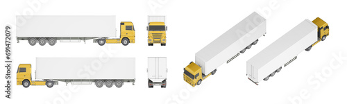 Mock-up of a truck with a semi-trailer on a white background for vehicle branding, corporate identity. The camera is positioned at an angle of 45 degrees to the horizon and at the horizon level. 3d  © Orange Dragon Studio