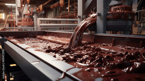 A chocolate factory, complete with conveyor belts laden with tempting chocolate bars photo