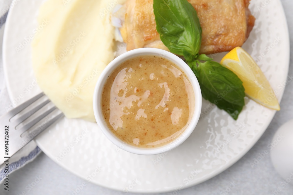 Delicious turkey gravy served on table, top view Delicious turkey gravy served on table, top view