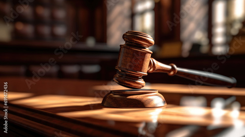 Close-up of judge gavel and books on the desk in the law office room