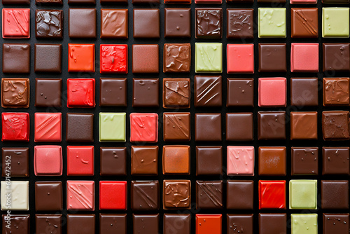 Layout of Multiflavored Chocolate Bonbons. Grid of Multiflavored Temptations. Gourmet Indulgence. Deliciously Crafted Chocolate Bonbons. photo