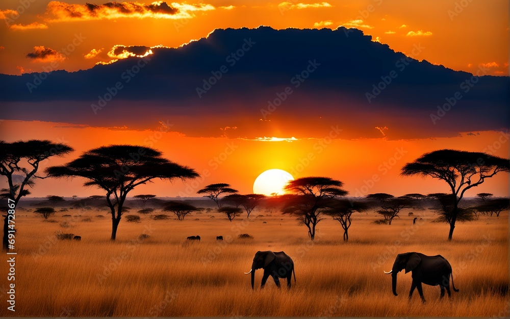 Landscape of Africa with warm sunset

