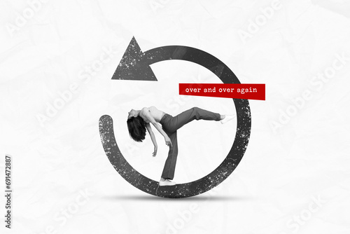 Obraz na plátne Circular arrow collage button sync or rotation icon of young woman doing over ag