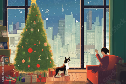 cartoon merry christmas postcard with 3d stuffed pets and christmas tree, in the style of modernism-inspired portraiture, captivatingly atmospheric cityscapes, ai generative photo