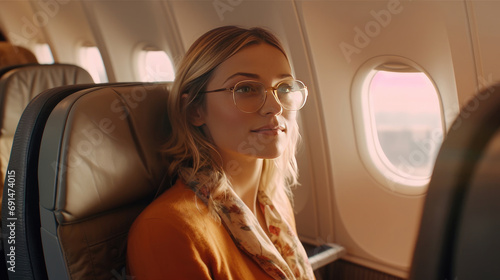 A young female traveler, comfortably seated inside the plane