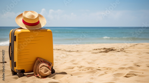 Yellow luggage with hat and red flip flop on sandy beach