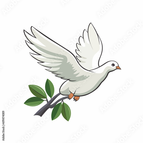 flying dove with olive twig flat vector illustration. flying dove with olive twig hand drawing isolated vector illustration