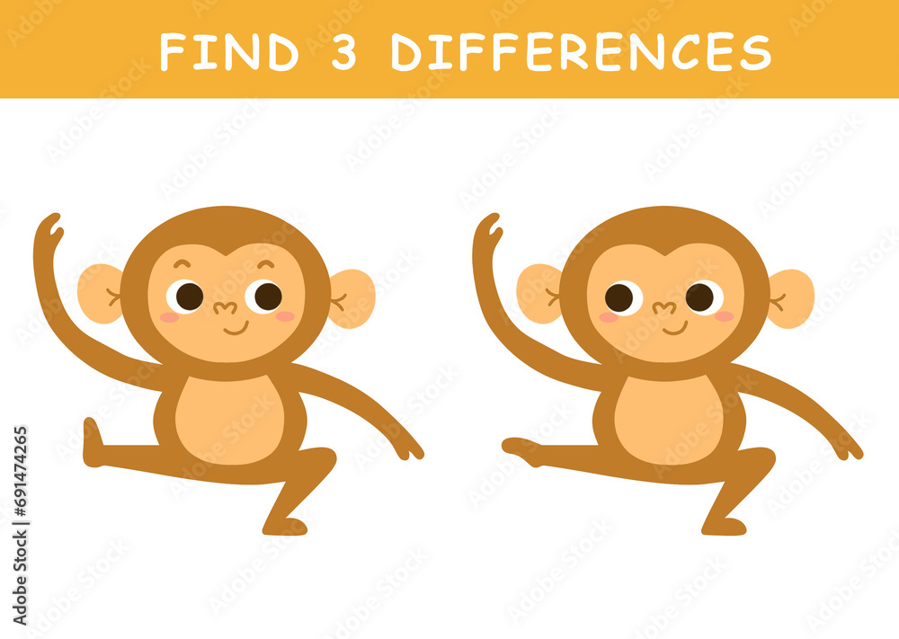 Find 3 differences in illustration. Educational activity with cute ...