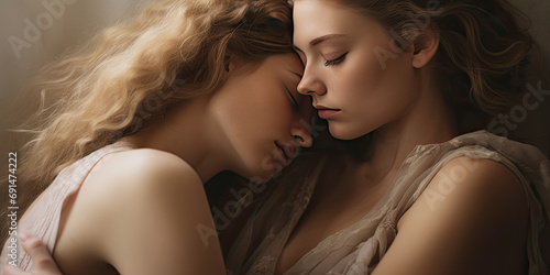 Elegance and passion intertwine as a lesbian couple shares a tender kiss, radiating love and beauty.