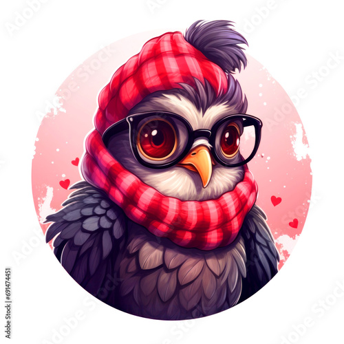 Cute cartoon anthropomorphic owl wears a pink hat, scarf and glasses, illustration cropped into a circle photo