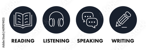 Language skills icon set black style isolated on white background for education test, online education, vector illustration 10 eps
