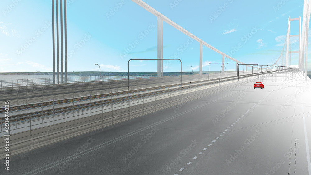 Representation of the Messina bridge, Italy, BIM, Project, 3d rendering, 3d illustration
