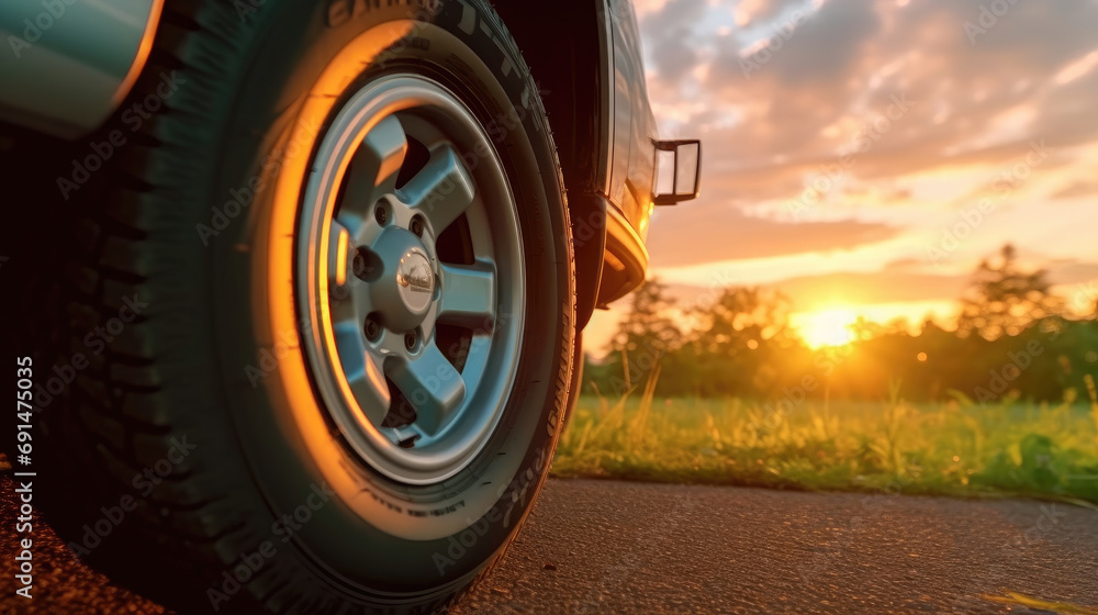 Close - up view of Camper van Tires parked on the side of the road at sunset