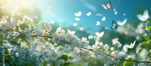 Beautiful butterflies gracefully float on white flowers, amidst lush green nature, under a bright sunlit sky